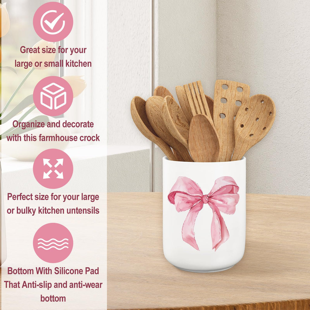 JarThenaAMCS Valentine's Day Pink Bow Ceramic Utensil Holder Watercolor Coquette Trendy Bow Utensil Crock for Home Kitchen Countertop Storage Organizer Container