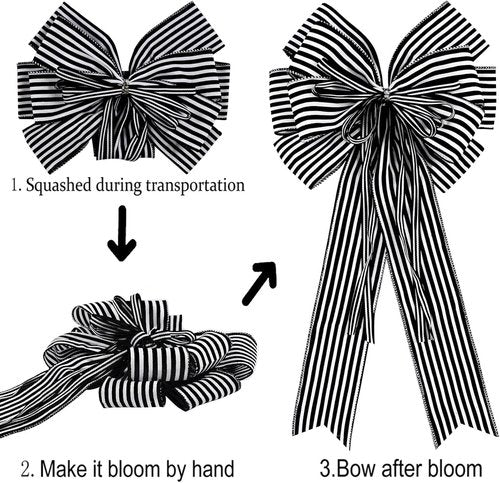 Hongsome Halloween Bows - 2 Pack Black & White Stripe Decor for Wreaths & Tree Toppers | 12”x20”