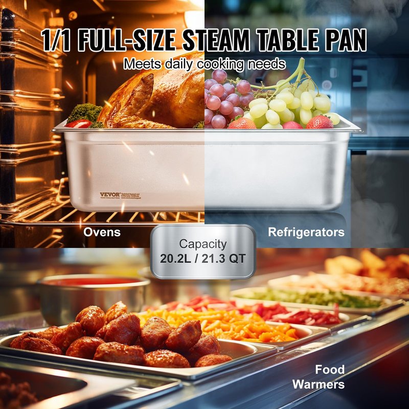 VEVOR 6 Pack Hotel Pans, Full Size 0.8mm Thick 6-Inch Deep Commercial Stainless Steel Restaurant Steam Table Pan, Catering Storage Food Pan, for Industrial & Scientific