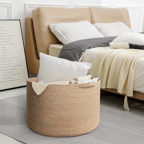 MEGASKET Large Wicker Storage Basket - 22” X 22” X 14” Cotton Rope Organizer for Toys & Blankets - Brown