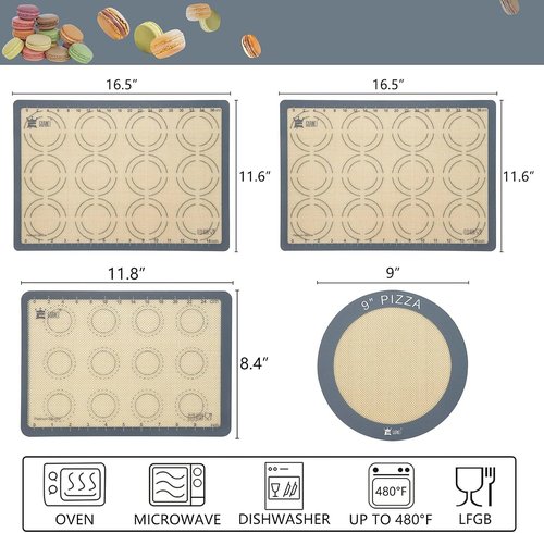 GUANCI Silicone Baking Mat Set - Non-Stick Reusable Bakeware for Pizza, Macarons & Cookies | 4 Mats in Grey