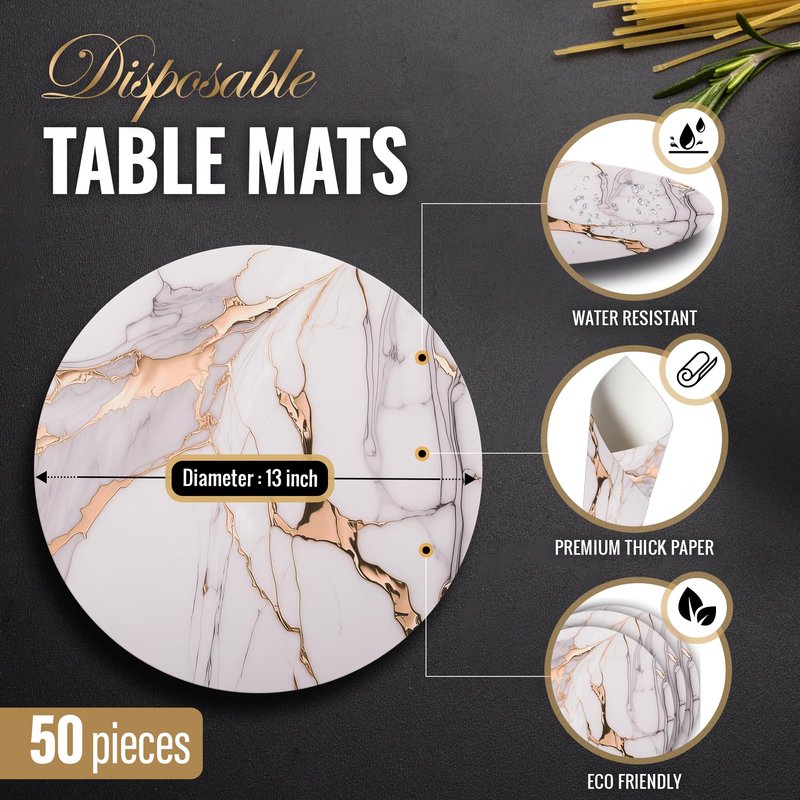 EVER ISLAND 50pcs Gold and White Marble Round Paper Placemats, 13" Disposable Charger Place Mat, Table Mats for Dining Table Setting Decor Wedding Banquet Birthday Party Bridal and Baby Shower Events