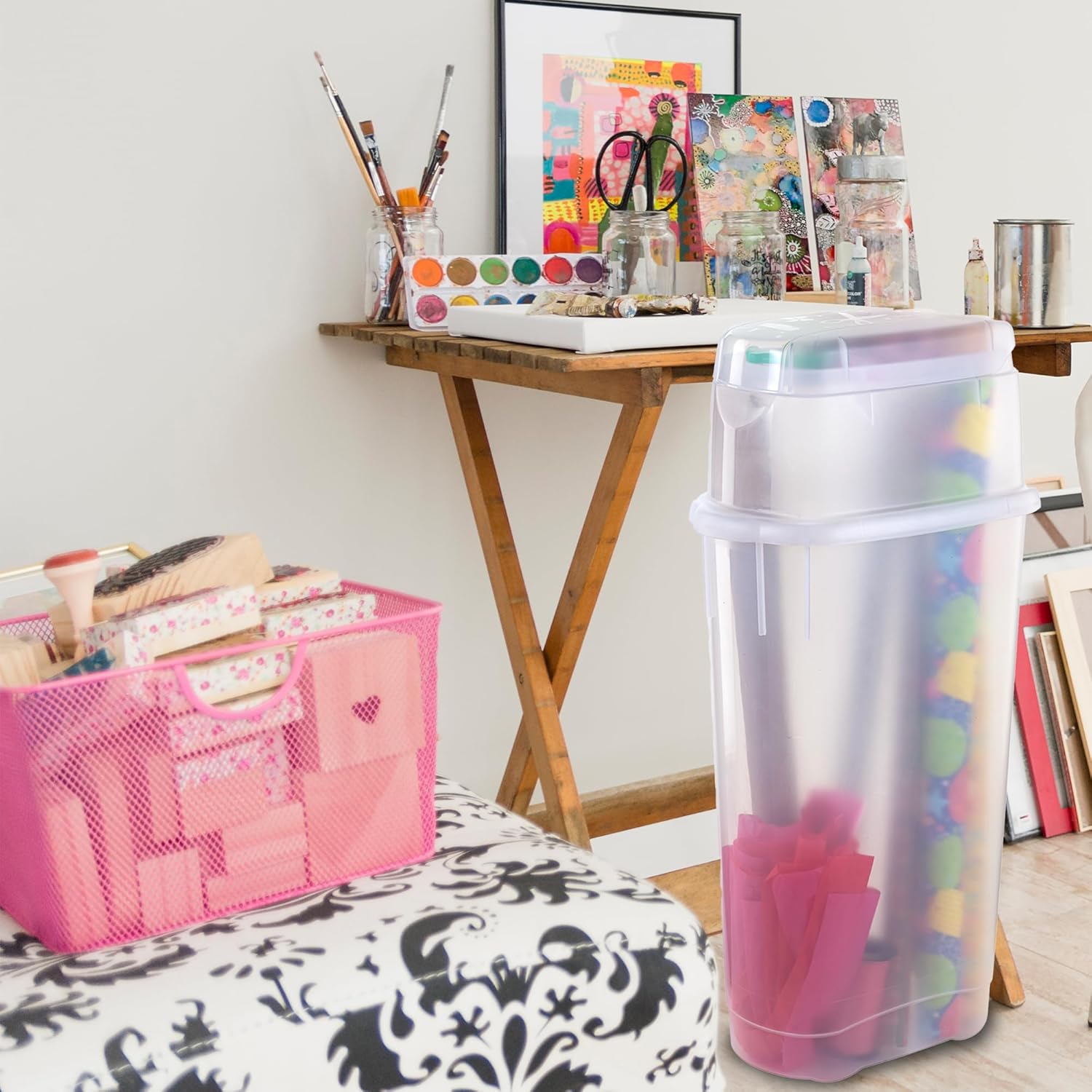 Rubbermaid Wrap N' Craft Plastic Wrapping Paper Organizer - Clear Storage for 20 Standard 30-Inch Rolls