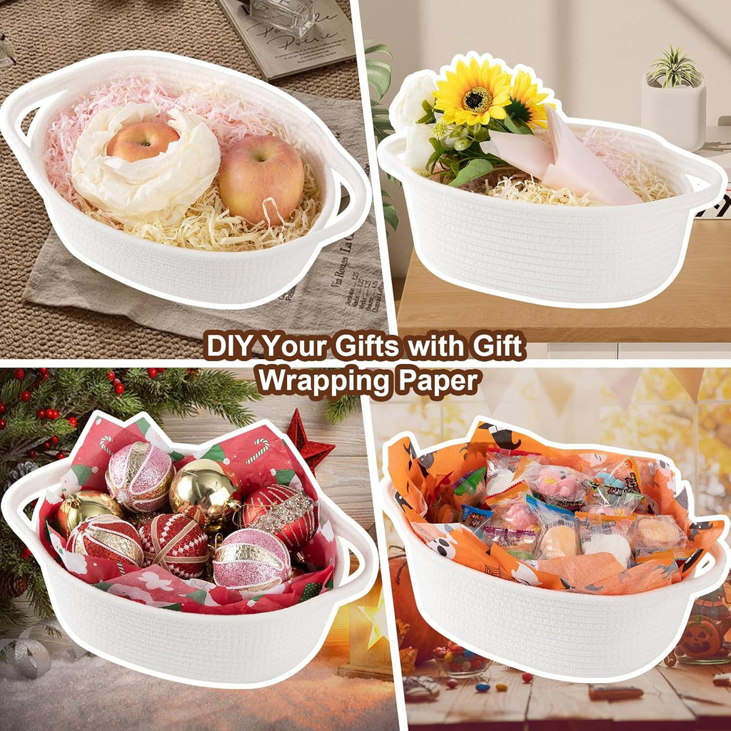 OIAHOMY Woven Gift Basket - Stylish Nursery Organizer with Handle, Gift Bag & Tissue Paper | White