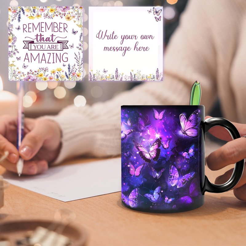 Hyturtle Butterfly Mug Set with Spoon & Keychain Gifts for Women, Mothers Day, Birthday Gifts For Mom, Daughter, Sister, Purple Night Butterflies Mug Set, Unique Gift Ideas 11oz Black Ceramic Tea Cup