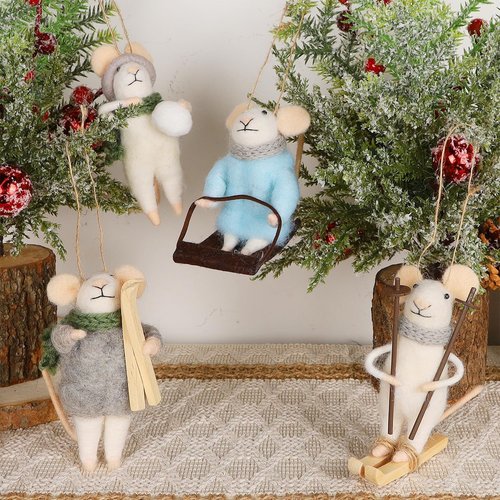 Juegoal Felt Skiing Mice Ornaments - Set of 4 Cute Wool White Mouse Decorations for Christmas Tree & Wreath