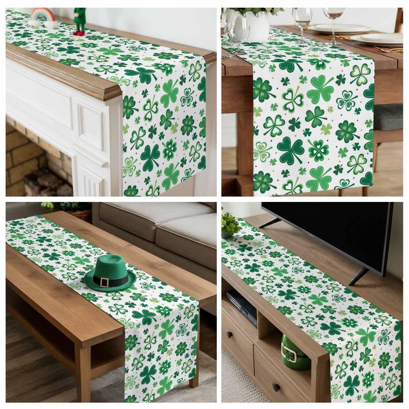 St Patrick's Day Green Shamrocks/Clover Table Runners Cotton Linen Non-Slip Rectangle Dresser Scarves for Spring Party Holiday Kitchen Dining Banquet/Family Gathering Home Decor,13" x 70" Long