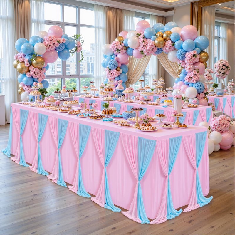 Pink Blue Tulle Tablecloth 4Pack Stretchable Cross Table Cover 3 Sides for Wedding, Birthday, Party Decor, Banquet, Bridal Shower Fits Rectangle Tables 6ft