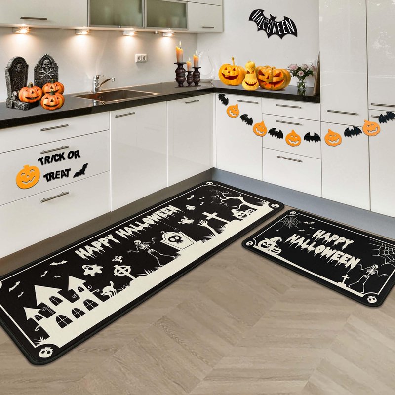 OUXIOAZ Happy Halloweeen Skull Black Kitchen Rugs and Mats Set of 2, Bat Boo Pumpkin Halloween Farmhouse Party Floor Mat for Home Kitchen Decorations 17"x47"+17"x30"