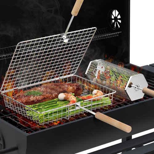 Ivtivfu Grill Basket Set - Removable Wooden Handle, 304 Stainless Steel BBQ Tools for Vegetables & Fish