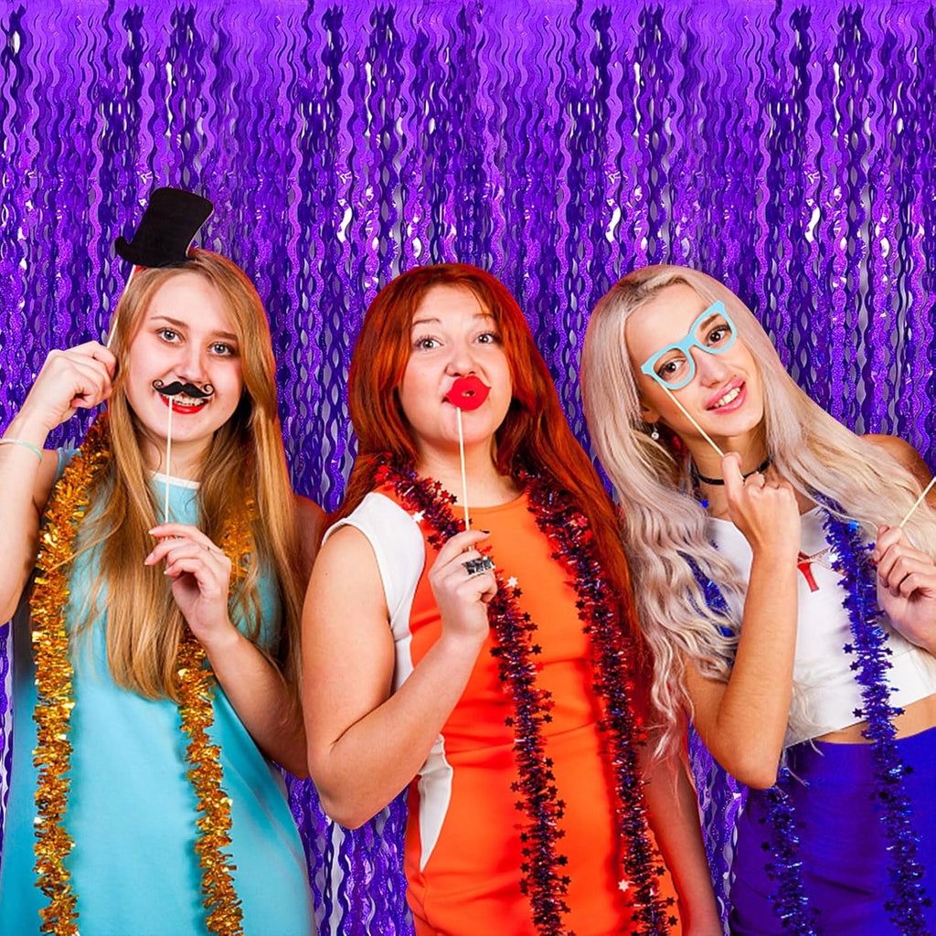 Skiennix 2 Pack Purple Tinsel Foil Fringe Curtains - Sparkling Backdrop for Parties & Events