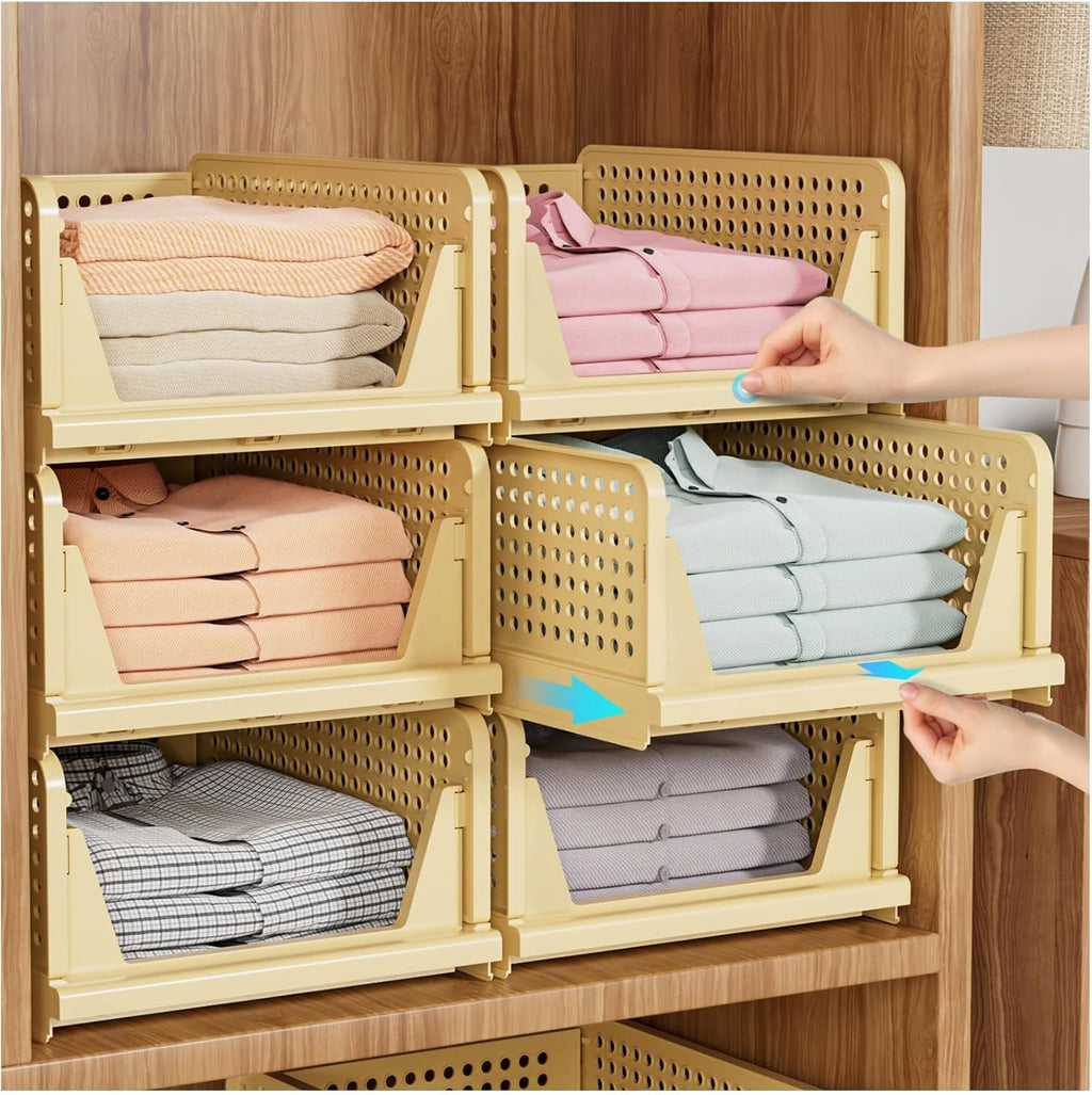 SNSLXH Stackable Closet Organizer Box - Multifunctional Foldable Storage Basket for Bathroom & Laundry - Yellow, 5 Pack