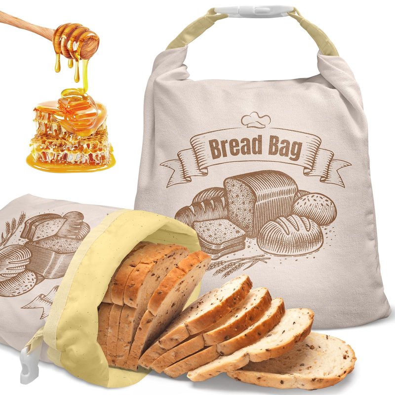 Cotton Beeswax Bread Bag (2 Pack) Reusable Double-Lock Freezer Safe for Homemade Sourdough Bread Food Storage Gifts for Sourdough Bakers (Pattern 2)