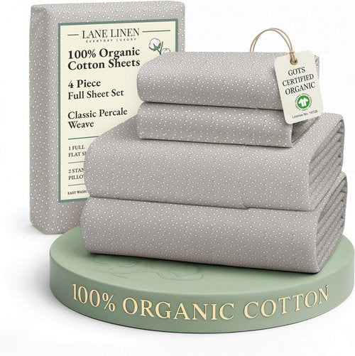 LANE LINEN Organic Cotton Bed Sheets - Full Size, Naturally Cooling, Deep Pocket, Machine Washable - Snowdrop