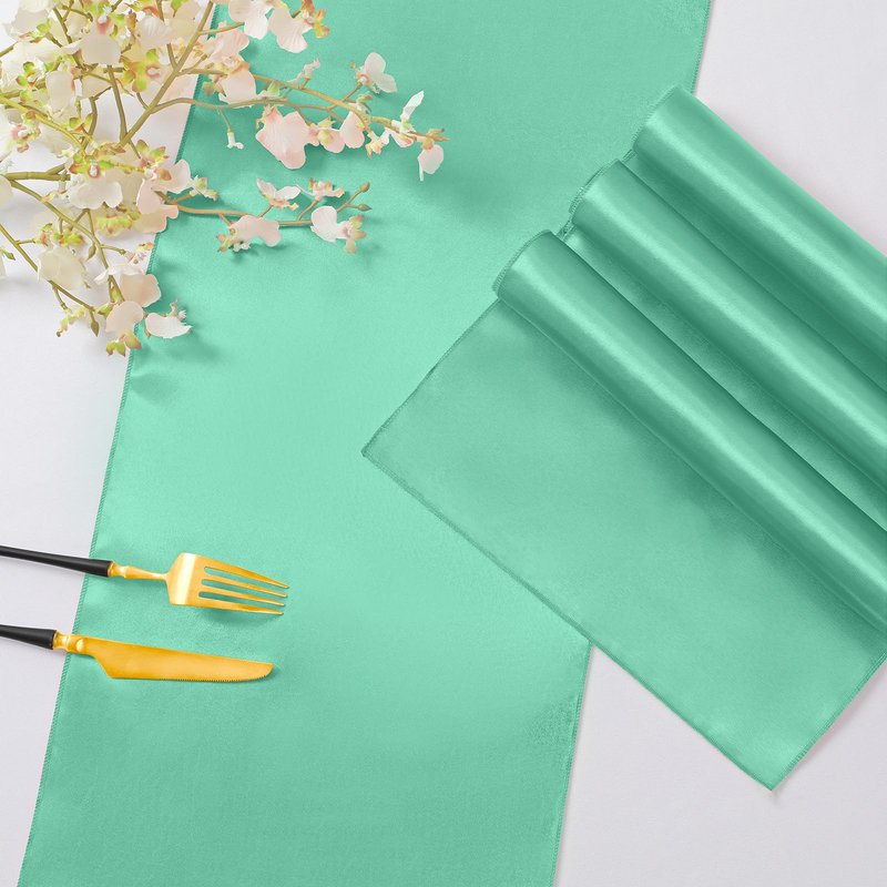 Horbaunal 12 Pack Aqua Satin Table Runner 12 x 108 Inch, Smooth Table Runners for Wedding Banquets Birthday Party