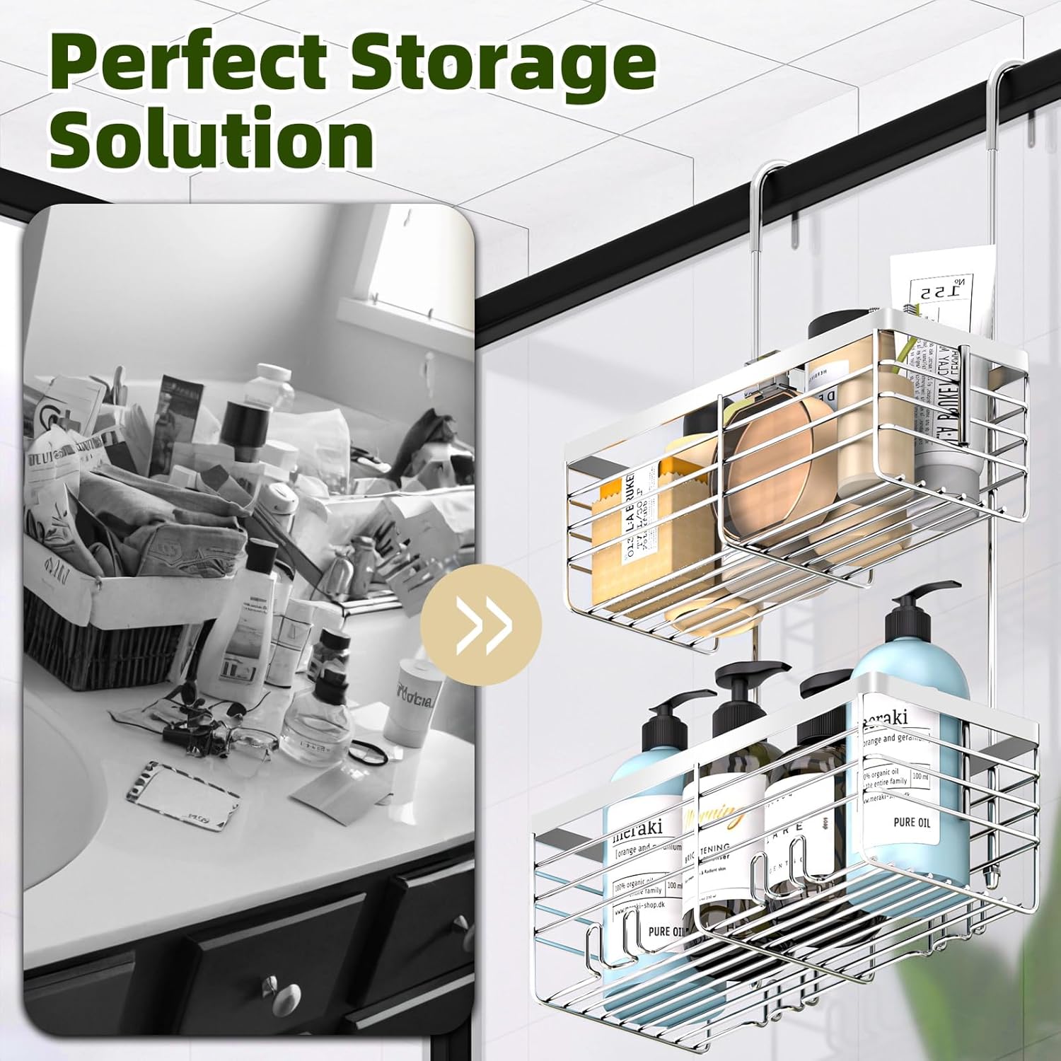 YUOROS Shower Caddy - 2-Tier Over The Door Organizer Rack | Rustproof 304 Stainless Steel, Silver