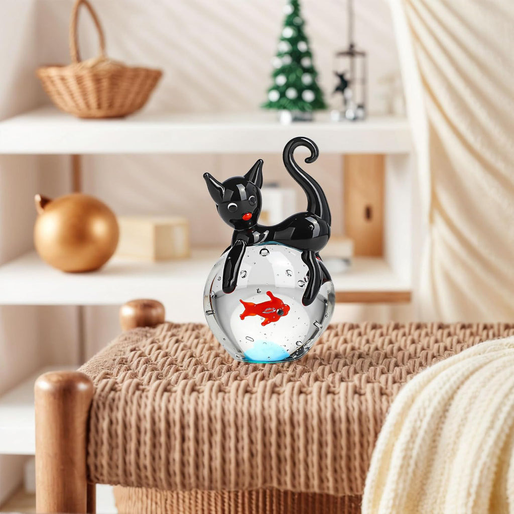 QFkris Black Cat Figurine - Mini Blown Glass Sculpture | 1.6" Collectible Art for Home Decor & Gifts