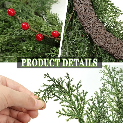 Lush Christmas Wreath - 24-Inch Real Touch Faux Cedar with Red Berries | Indoor/Outdoor Holiday Decor