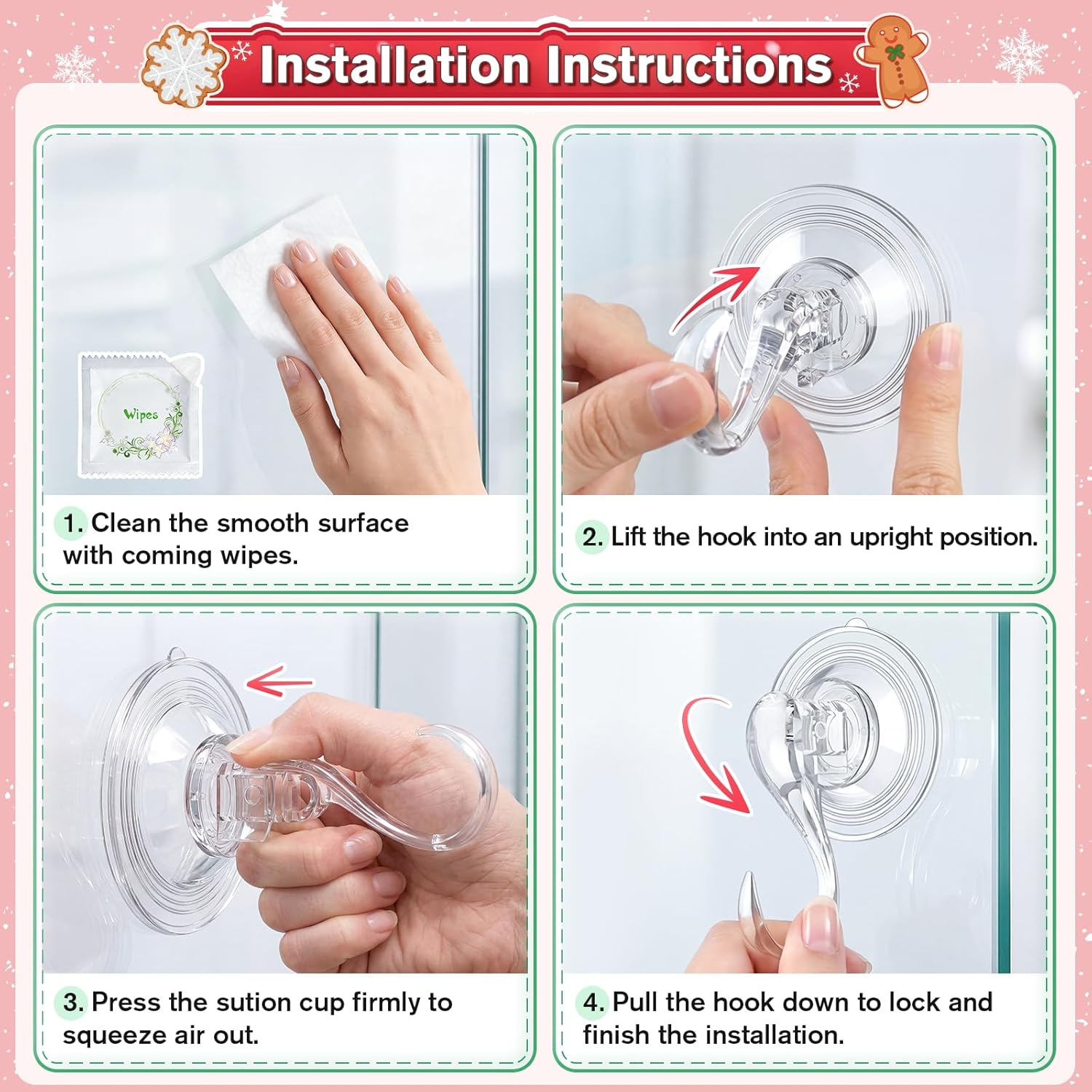 VIS'V Wreath Hanger - Heavy Duty Suction Cup Hooks, 22 LB Capacity, Clear, 6 Pack, Removable & Reusable