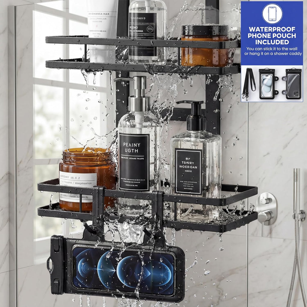 Skiennix Over The Door Shower Caddy - Rustproof 2-Tier Bathroom Organizer with Waterproof Phone Pouch | Black