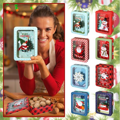 Tioncy 8 Pcs Christmas Cookie Tins with Lids Large Cookie Boxes Metal Empty Tins Santa Tinplate Xmas Gift Box for Christmas Holiday Candies Treats Storage Container (Novel)