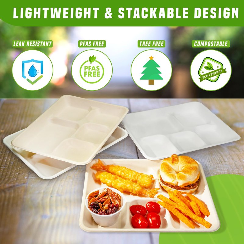 Eland Compostable Plates with Compartments, 5 Compartment Plates Disposable Heavy Duty, Food trays disposable. School Lunch Tray, Plate Dividers, No PFAS, Natural Color-10" x 8"[400-pack]