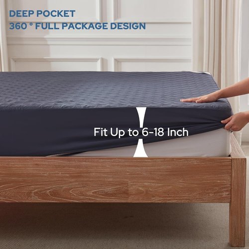 BEDLORE Waterproof Mattress Protector - Noiseless Queen Size Pad with Deep Pocket (6"-18") - Soft & Washable in Navy Blue