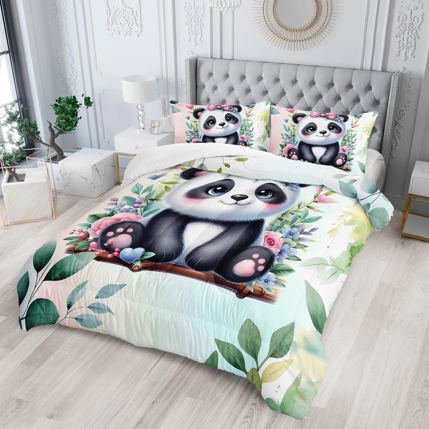 XYNHML Kawaii Black White Panda Comforter 3Pcs Twin Tie Dye Wild Animal Flower Bear Bedding Set for Kid Teen Girl Boy Room Decor Swing Butterfly Botanical Quilt with 1 Comforter and 2 Pillowcases