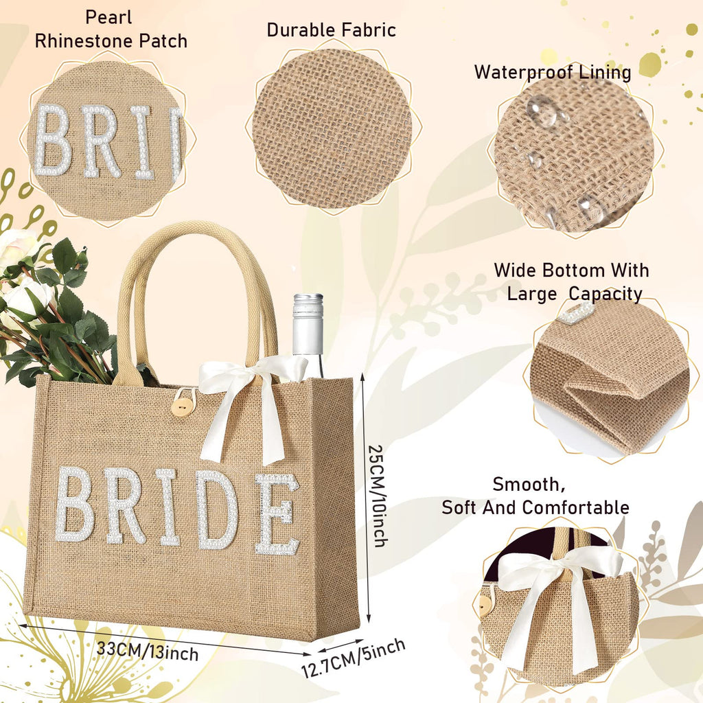 Silkfly Wedding Bride Bag Natural Jute Tote with Ribbon Bride Gift Bag with Handle for Shower(Silver Edges,Bride)