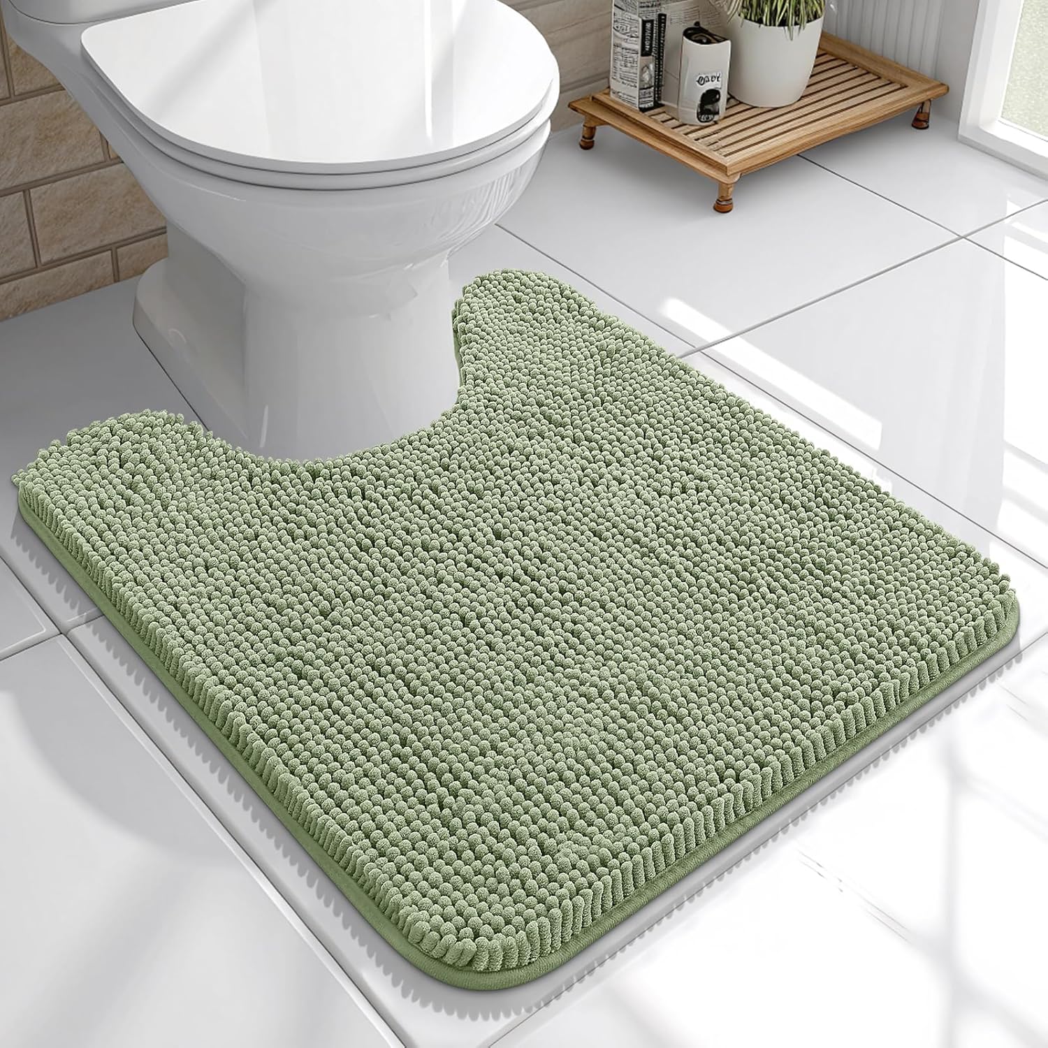 OLANLY U-Shaped Toilet Rug - Extra Soft Chenille, Quick-Dry, Non-Slip Bath Mat | 20x20 Sage Green