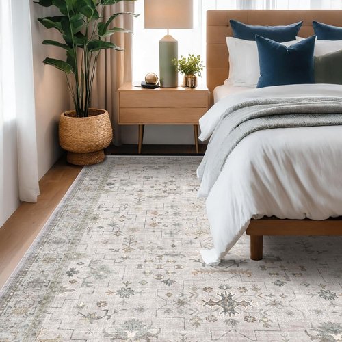 Hazo Haus Boho Light Grey Area Rug - Modern Vintage Floral Design | 8x10 Washable Non-Slip for Living Room