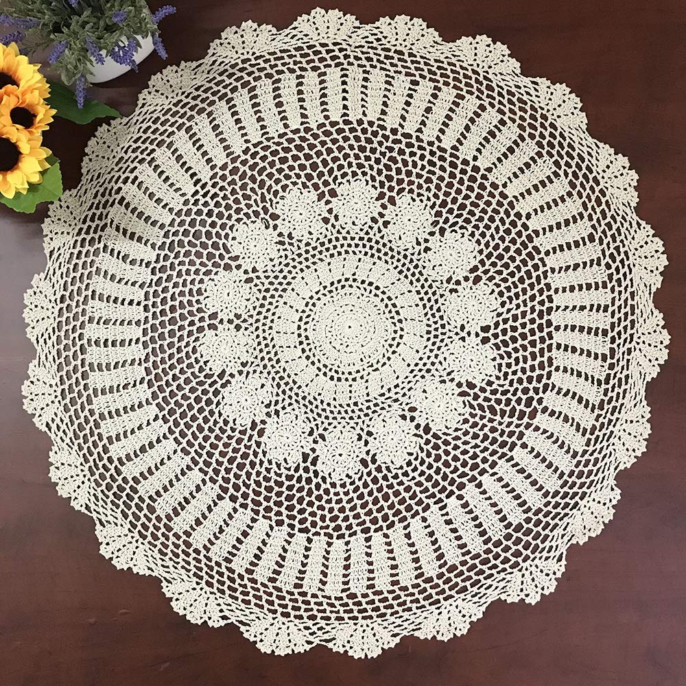 Hetao 100% Cotton Handmade Crochet Round Tablecloth Doilies Lace Table Covers,Beige, 31 Inch