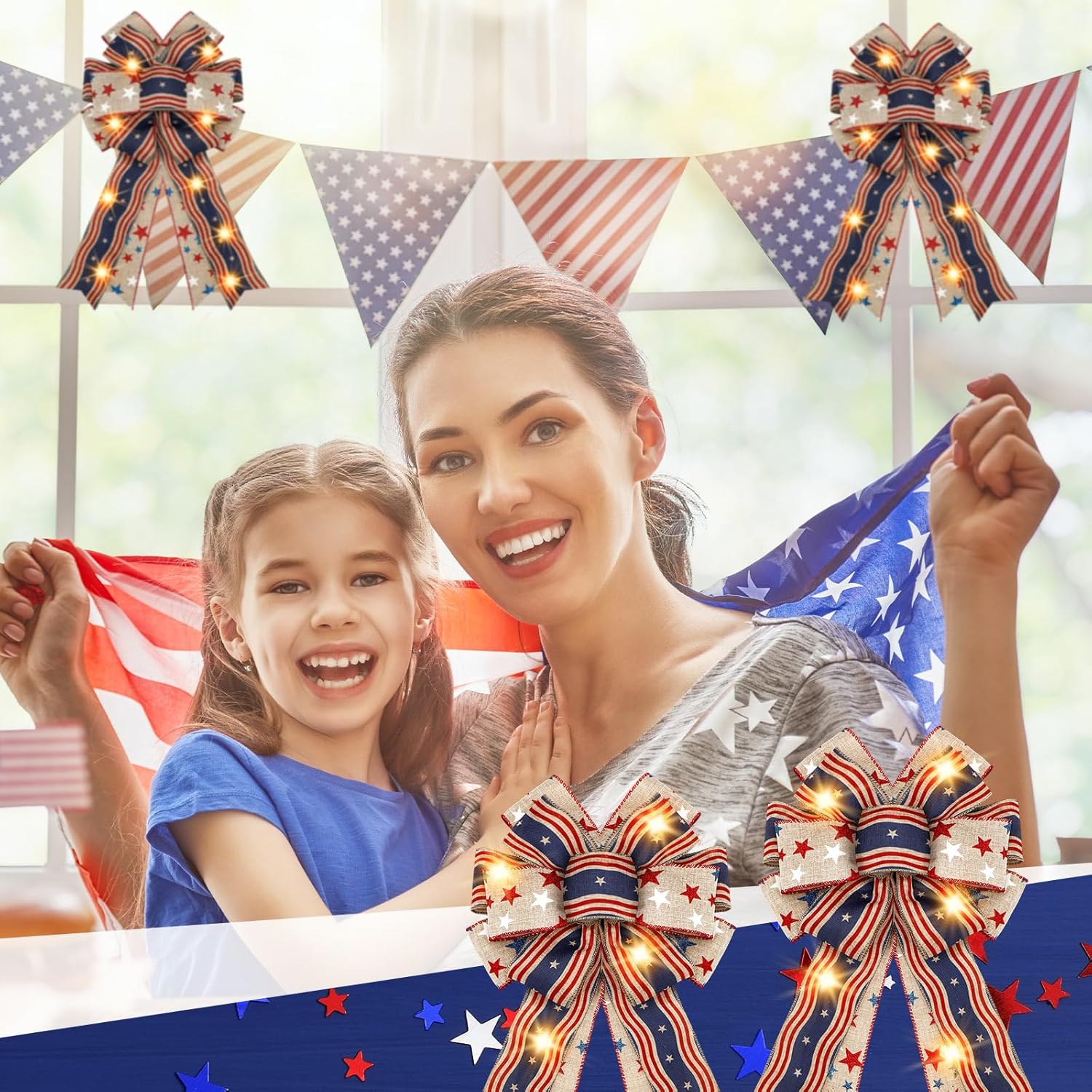 Skiennix Patriotic Lighted Wreath Bow - Large Red, White & Blue 4th of July Decor | Indoor/Outdoor