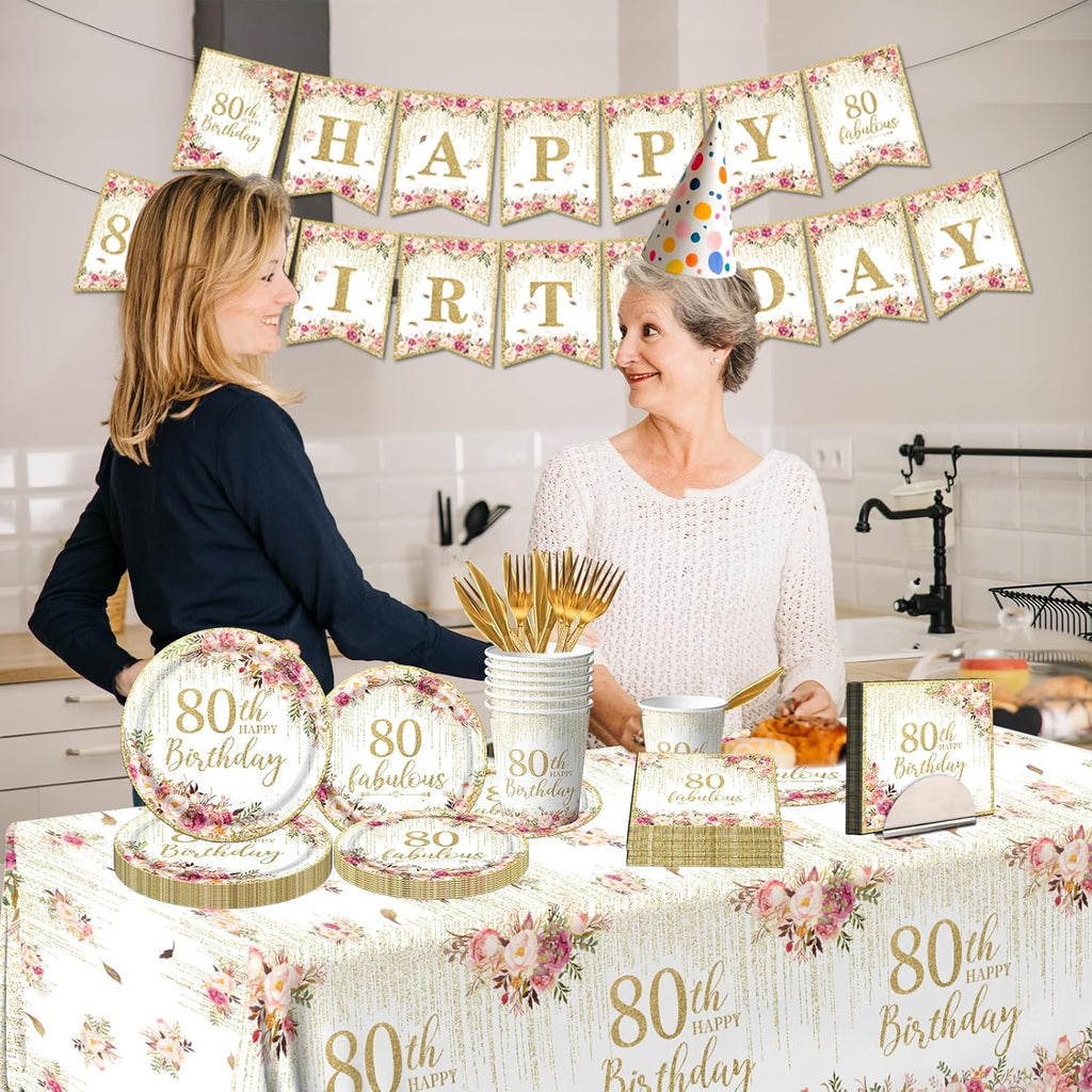 Regine Switzerland 80th Birthday Party Tableware Set - 142 Pcs Rose Gold Decorations | Plates, Napkins, Tablecloth & Banner