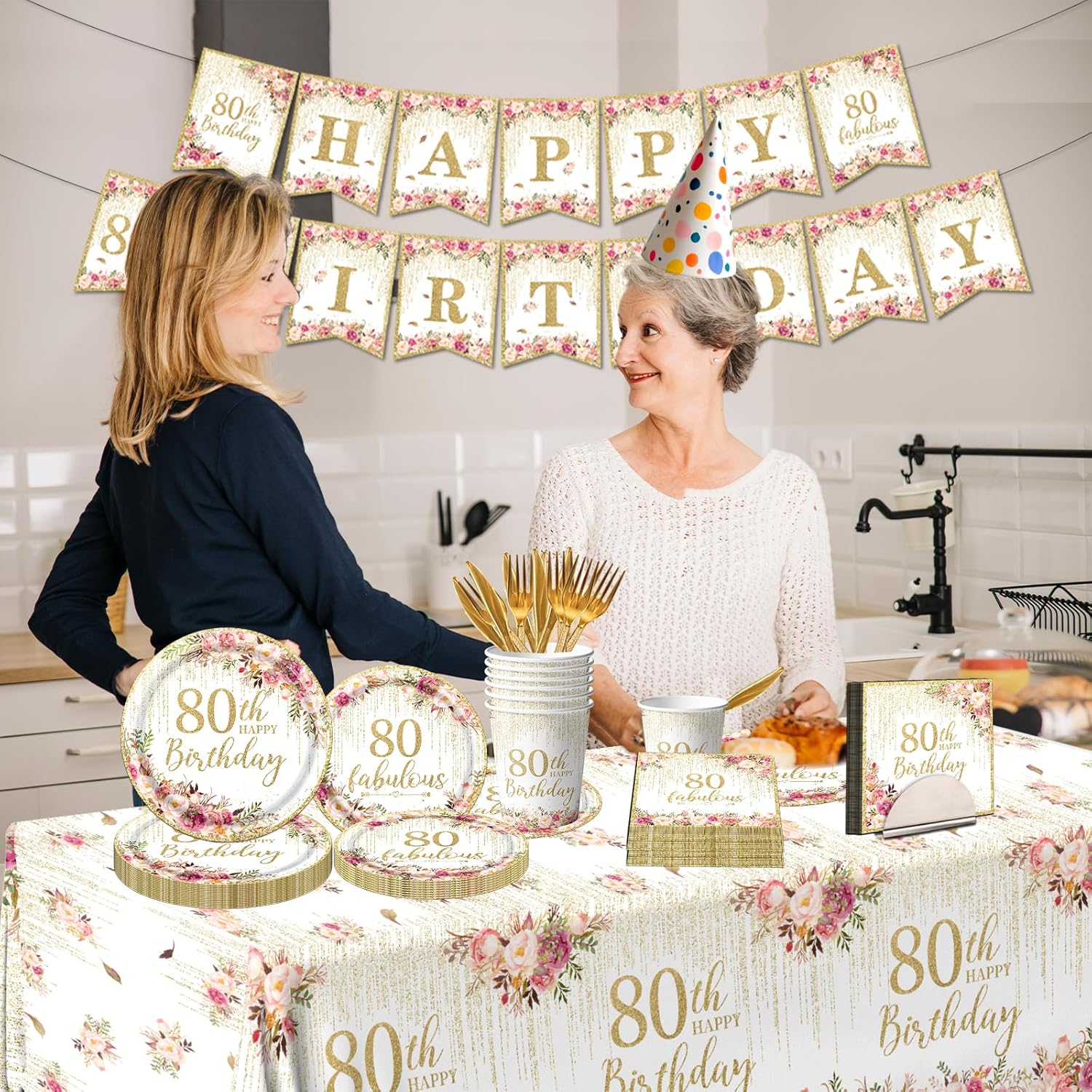 Regine Switzerland 80th Birthday Party Tableware Set - 142 Pcs Rose Gold Decorations | Plates, Napkins, Tablecloth & Banner