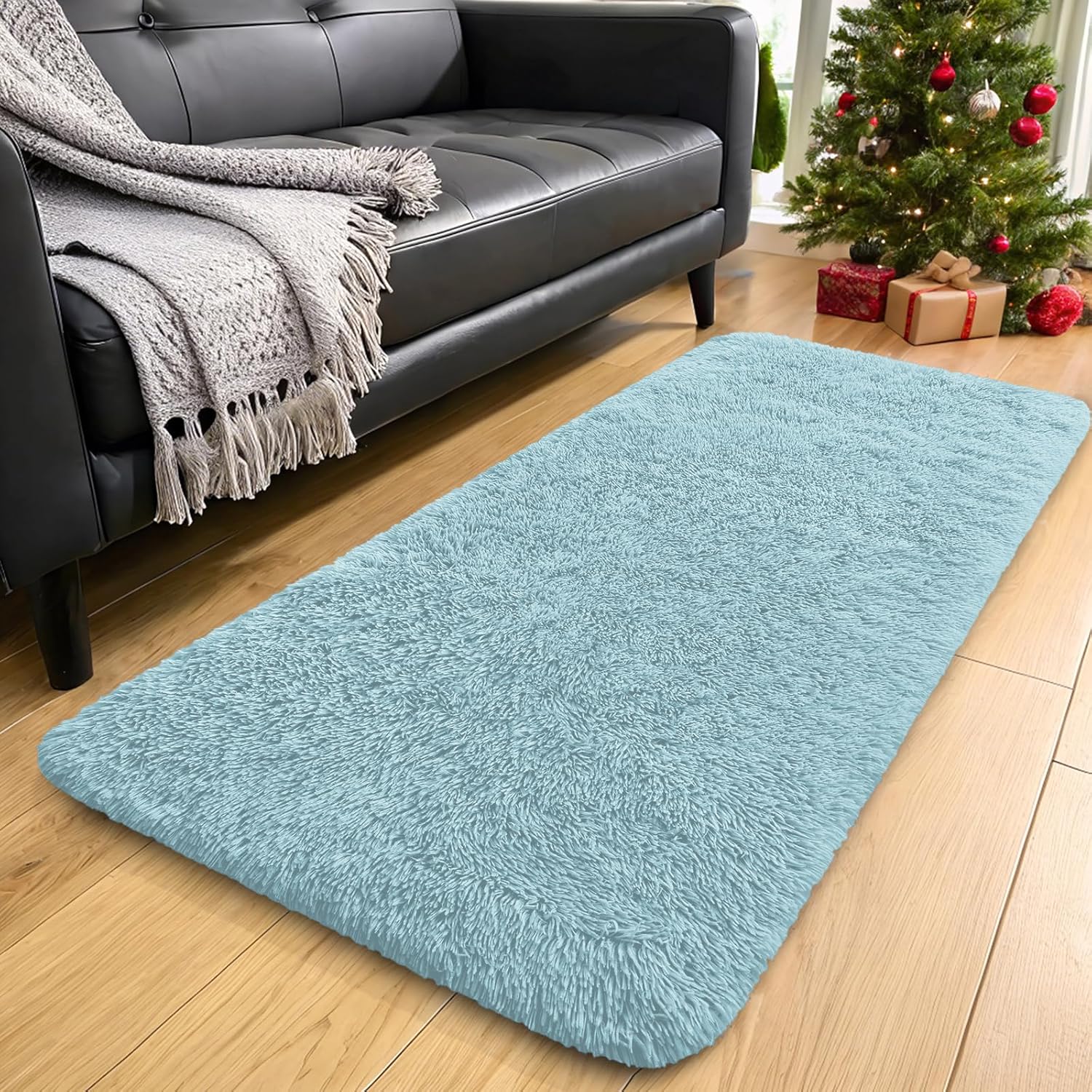 OLANLY Runner Rugs - Soft Fluffy Machine Washable Shaggy Carpet for Bedroom & Hallway | Light Blue 2x6