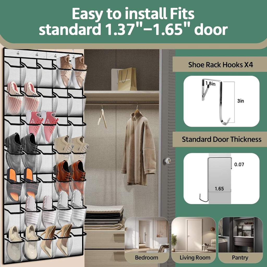 Paulone 35-Slot Over The Door Shoe Organizer - Reusable Breathable Mesh Storage Bag for Men, Women & Kids (White)