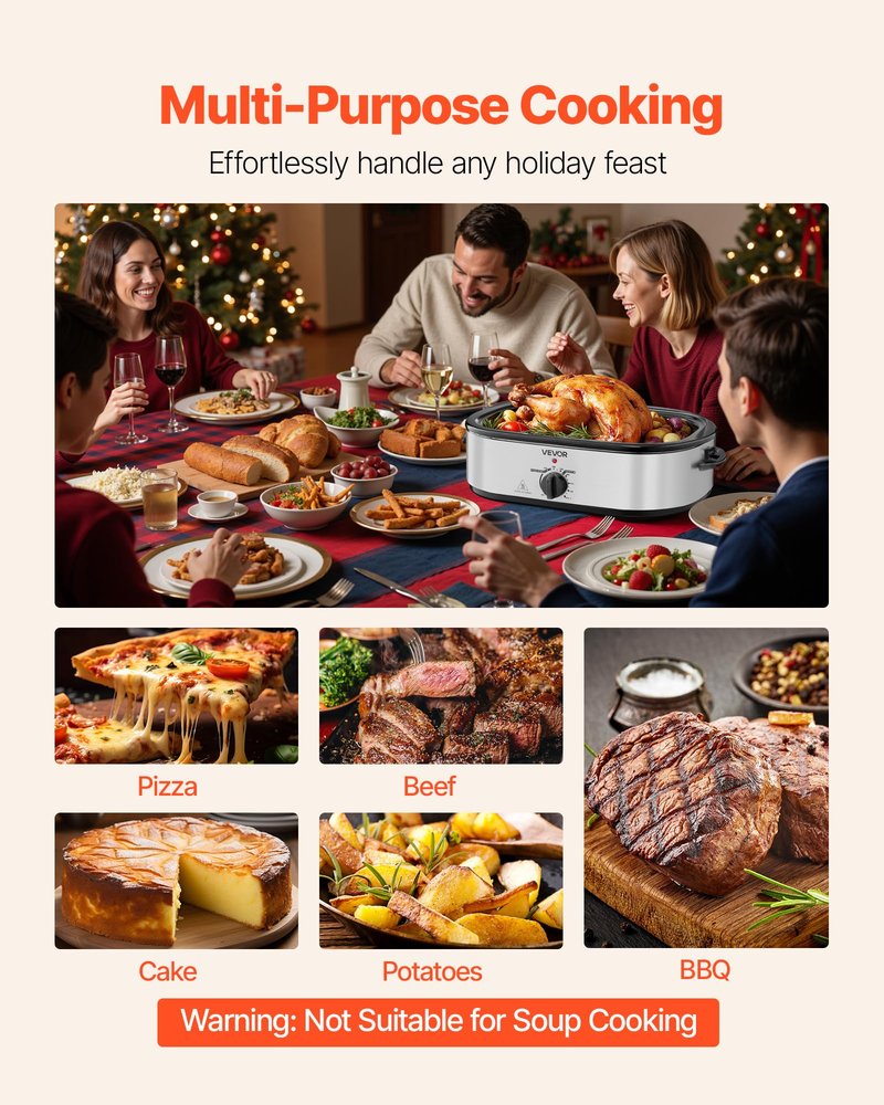 VEVOR Roaster Oven, 18QT Electric Roaster Oven, 150-450℉ Adjustable Temperature Electric Roasting Pan with Self-Basting Lid, Cool-Touch Handle, Defrost & Warm Function, Stainless Steel Turkey Ovens