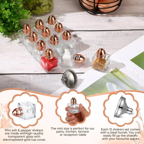 Uiifan 24 Pcs 0.5 oz Cube Shape Small Salt and Pepper Shakers with Tone Tops Clear Mini Glass Seasoning Jars Spice Salt Shakers with Funnel for Wedding Party Home Restaurant Kitchen (Rose Gold)