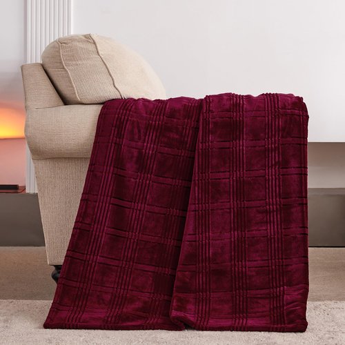 KORBLISS Super Soft Flannel Queen Blanket 90x90 Inches, Premium Checkered Jacquaed Silky Fleece Lightweight Bed Blanket All Season Use, Burgundy Strip, 90"x90"