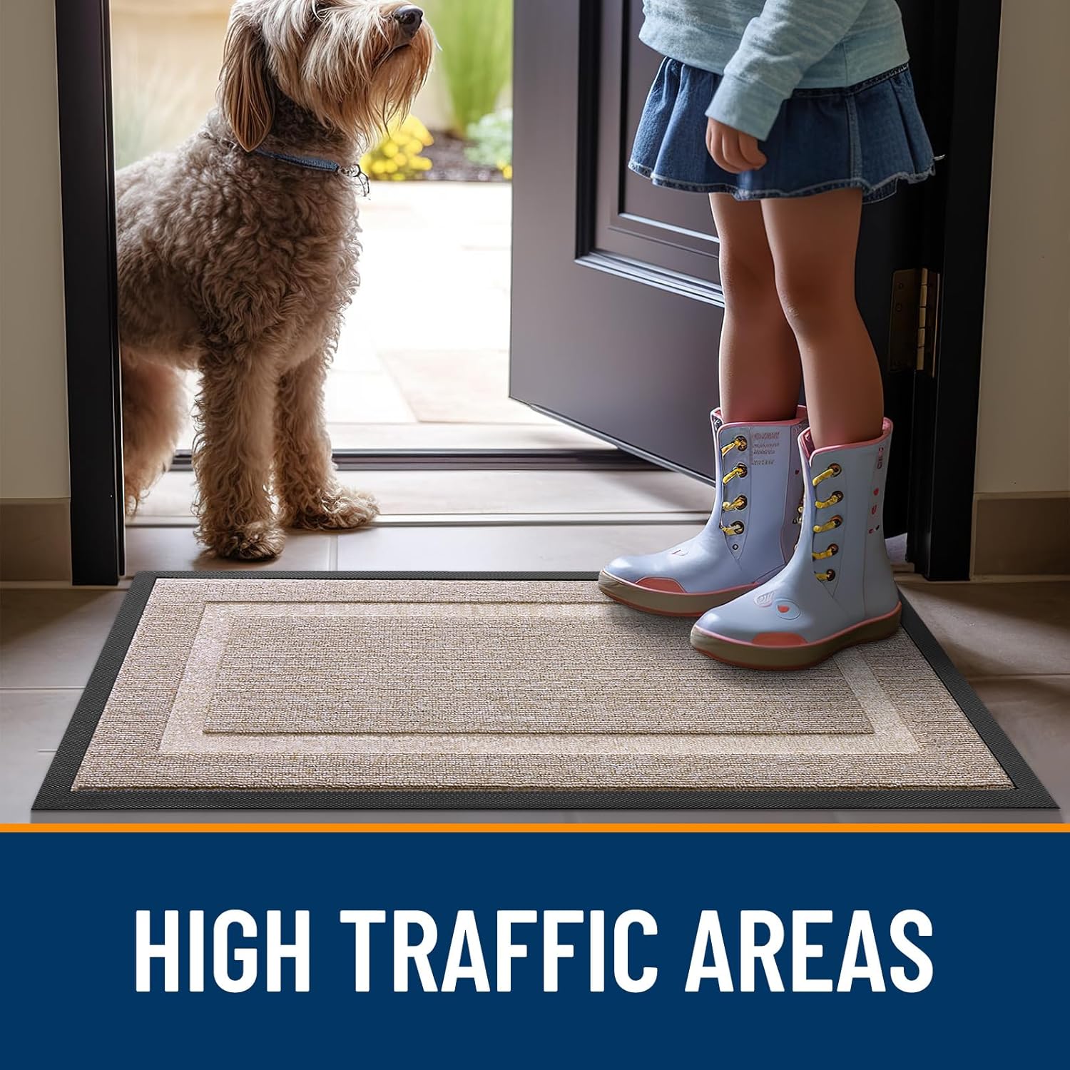 OLANLY Waterproof Front Door Mat - All-Season Natural Rubber Doormat, Easy Clean, 47x17, Camel