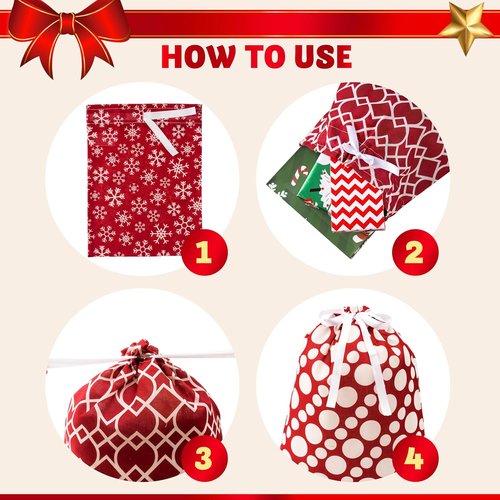 JOYIN Fabric Gift Bags - Elegant Red Design | 6-Piece Set in 3 Sizes for Holiday Present Giving
