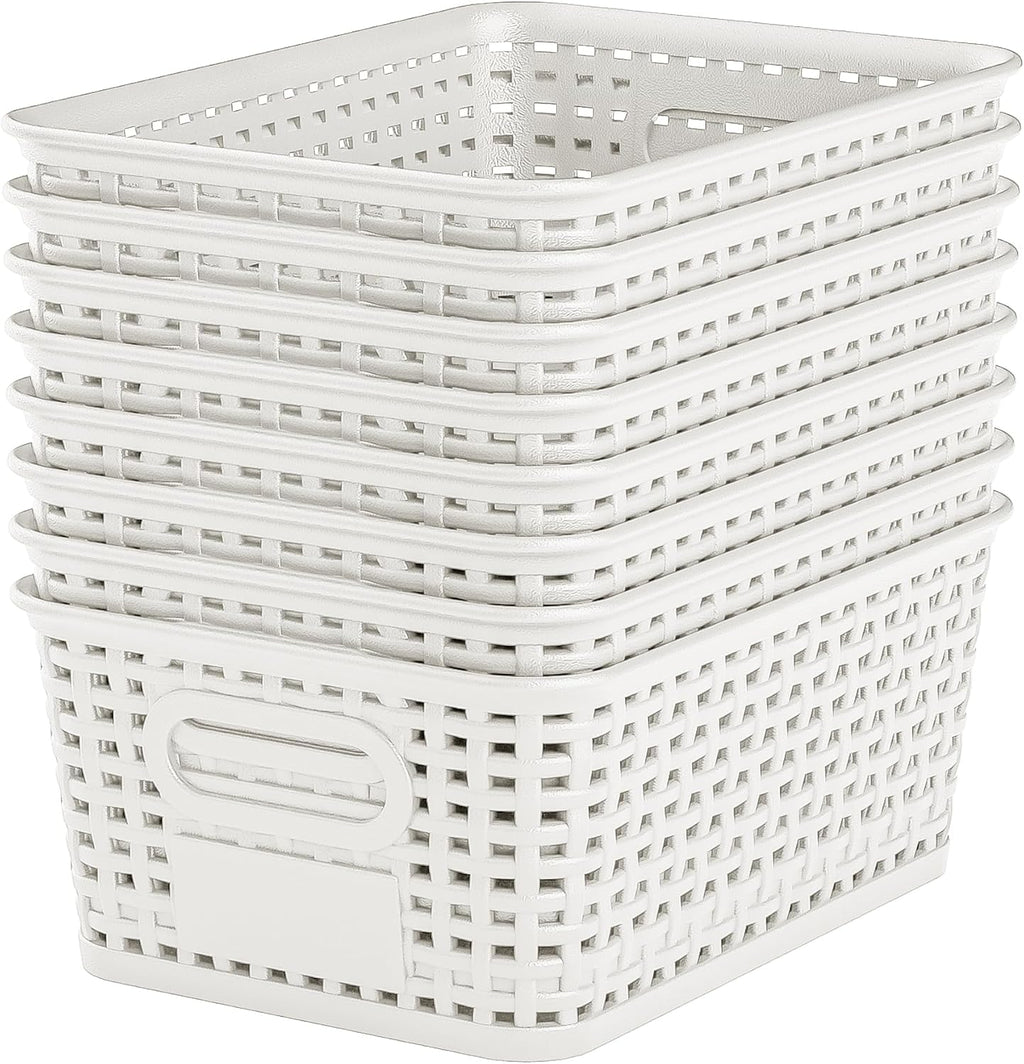 White Plastic Storage Baskets by [Brand Name] - Durable Stackable Bins with Labels | Pack of 8 for Organizing Desktops, Closets & Offices