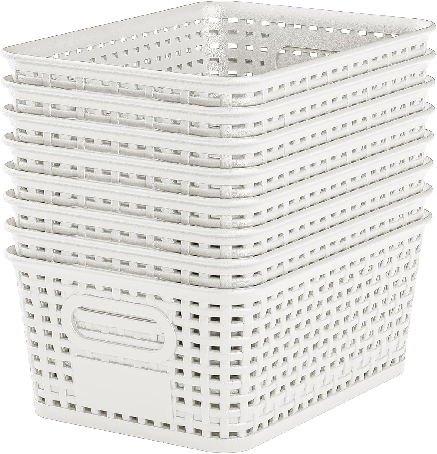 White Plastic Storage Baskets by [Brand Name] - Durable Stackable Bins with Labels | Pack of 8 for Organizing Desktops, Closets & Offices