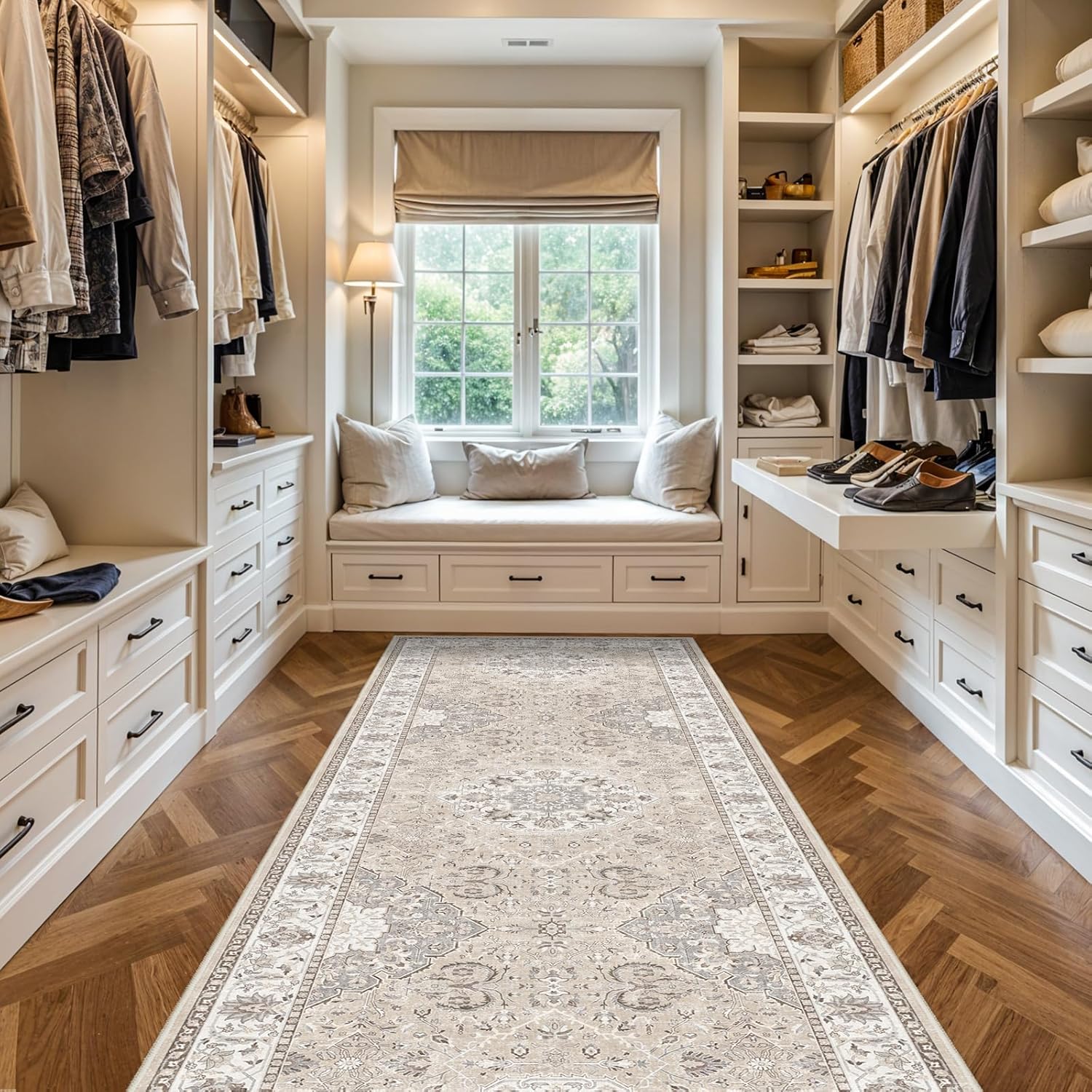 Skiennix Washable 4x12 Wide Hallway Runner - Vintage Soft Non-Slip Water Resistant Rug | Beige