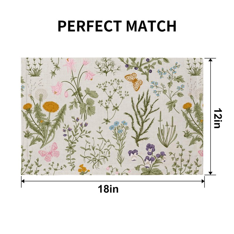 QIYI Boho Placemats Set of 6, 12x18 Inch Linen Fabric Floral Place Mats for Kitchen Dinning, Farmhouse Rustic Cloth Table Mats, Washable Placemat Botanical Party Table Décor, Wildflowers Herbs