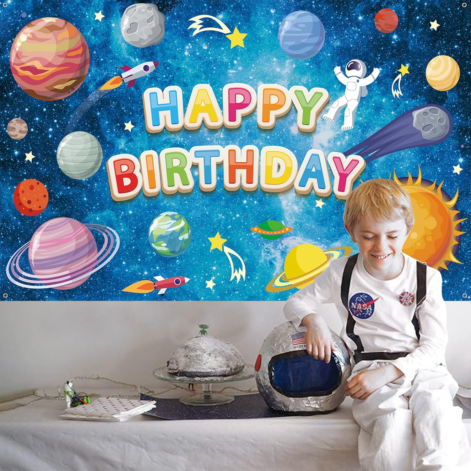 Space Happy Birthday Backdrop Banner - Large Blue Astronaut Galaxy Photo Background for Kids' Party Decor