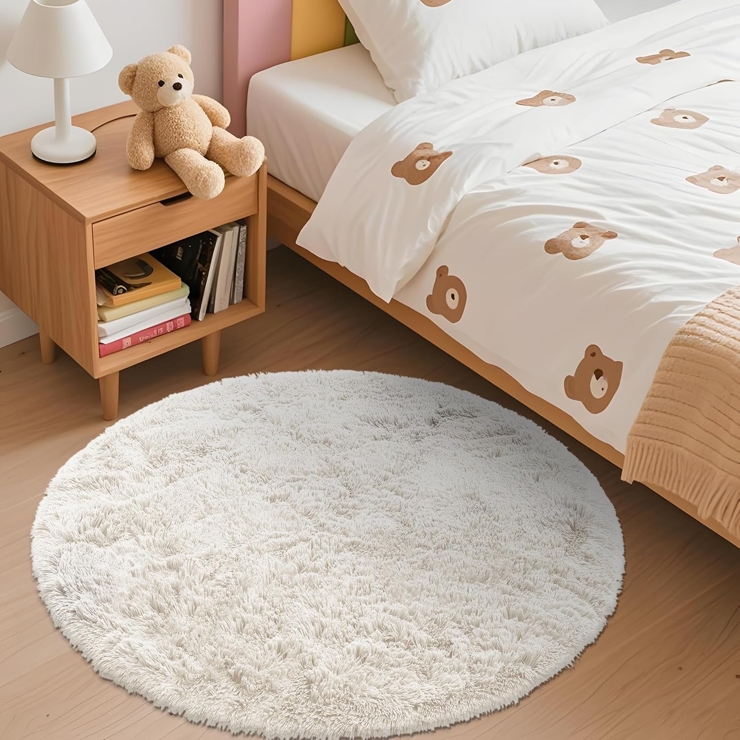 OLANLY Round Ivory Area Rug - Soft, Fluffy, Machine Washable 3 ft Carpet for Bedroom & Living Room Decor