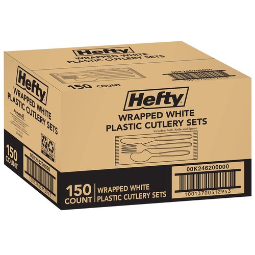 Hefty Wrapped Disposable Plastic Utensils Set, 150 Count, White Disposable Utensils for Picnics, BBQs, Camping, Parties, and More, Includes Forks, Spoons, and Knives