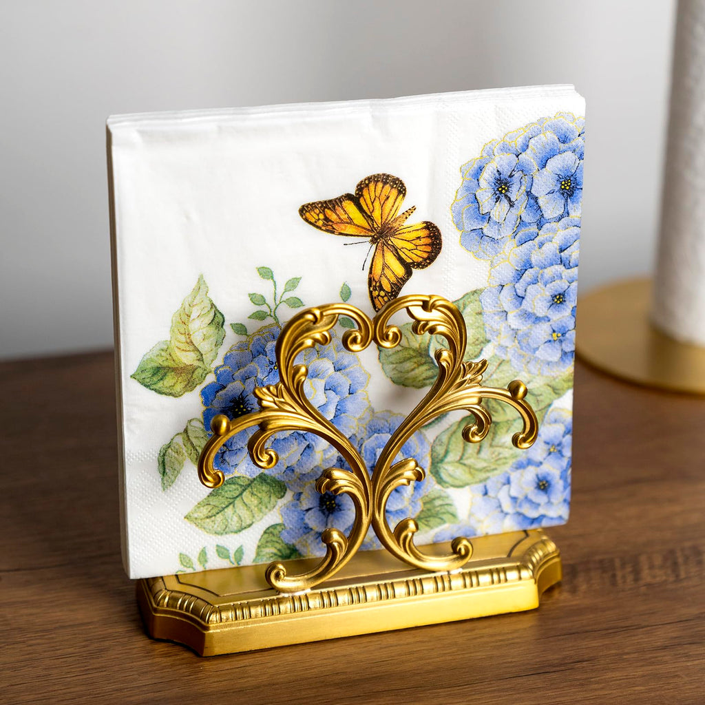 1 Gold Napkin Holder and 50 PCS Hydrangea Paper Napkins,Brass Napkin Holder,Classic combination and matching,Modern Dining Table Decor, Home Decor